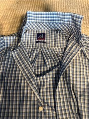 johnnie-O light blue and white checked button-down shirt